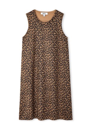 Vestido sin mangas hasta la rodilla con estampado de leopardo en tonos marrón y negro y escote redondo.