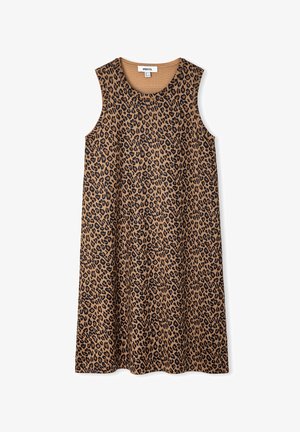 Vestido sin mangas hasta la rodilla con estampado de leopardo en tonos marrón y negro y escote redondo.