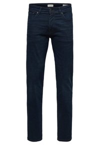 Dark blue denim jeans with a straight fit, featuring five pockets, a zip fly, and subtle fading. Made of cotton with some stretch.