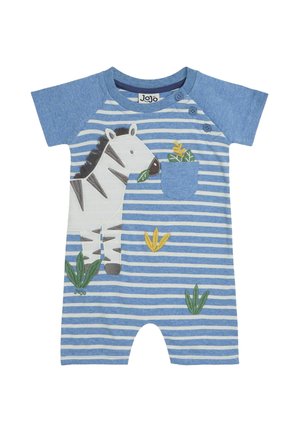 Gestreifter blauer Kurzarm-Overall mit einem Zebra-Design, Taschendetails und gestickten grünen und gelben Pflanzen am unteren Rand. Weicher Stoff.