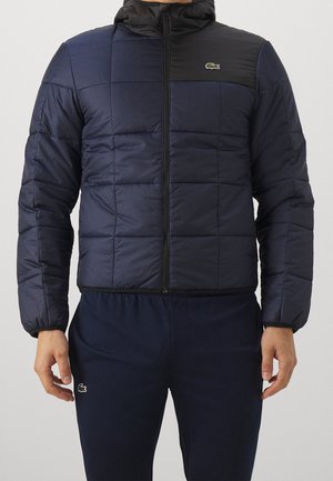 Mann trägt eine marineblaue und schwarze gesteppte Kapuzenjacke und marineblaue Hose, beide mit kleinen grünen Krokodil-Logos.