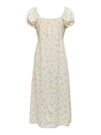 Krēmkrāsas midi kleita ar pūkainām piedurknēm, savāktu kvadrātveida izgriezumu un gaiši zilu ziedu rakstu.