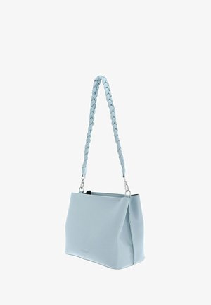 Light blue leather handbag with a braided handle, sleek rectangular design, and silver hardware, featuring a zipper closure.