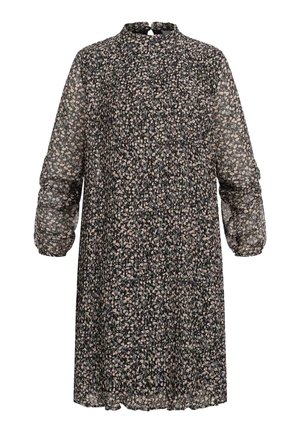 Vestido negro con estampado floral, de manga larga abullonada, cuello alto y diseño plisado. Presenta pequeños patrones florales en rosa y blanco sobre una tela transparente.