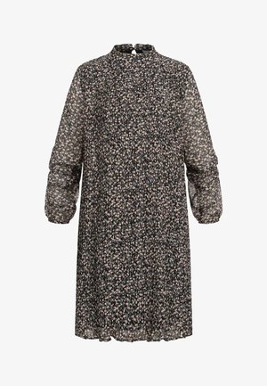 Vestido negro con estampado floral, de manga larga abullonada, cuello alto y diseño plisado. Presenta pequeños patrones florales en rosa y blanco sobre una tela transparente.