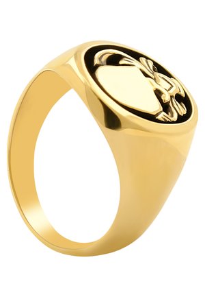 Anello signet in oro con una superficie liscia e lucida, raffigurante un design centrale in rilievo su uno sfondo scuro. Bordo arrotondato, banda larga.
