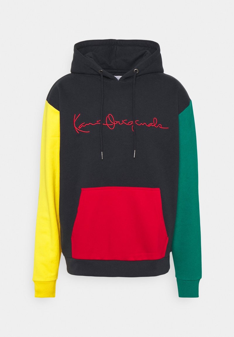 Multicolored hoodie featuring black body with yellow, red, and green sleeves. Red logo on the front and a front pocket. Cotton material.