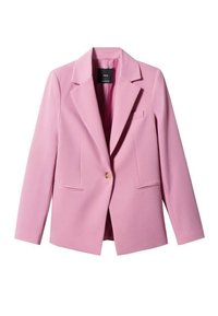 Blazer rose pour femme à un bouton avec revers crantés, deux poches avant et une poche poitrine passepoilée, présenté sur fond blanc.