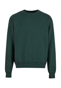 Dunkelgrüner Pullover aus gestricktem Stoff. Mit Rundhalsausschnitt, langen Ärmeln sowie gerippten Bündchen und Saum. Keine sichtbaren Muster.