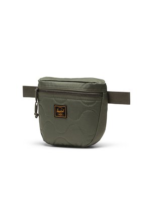 Khaki zielona pikowana saszetka z zamkiem błyskawicznym, z logo na przodzie i bocznym paskiem. Gładka tekstura i zaokrąglony prostokątny kształt.