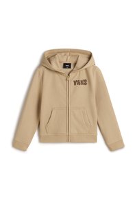 Beige huvtröja med dragkedja framtill, två framfickor och en mörkbrun "VANS"-logotyp på vänster bröst. Blandning av bomull med en mjuk textur.