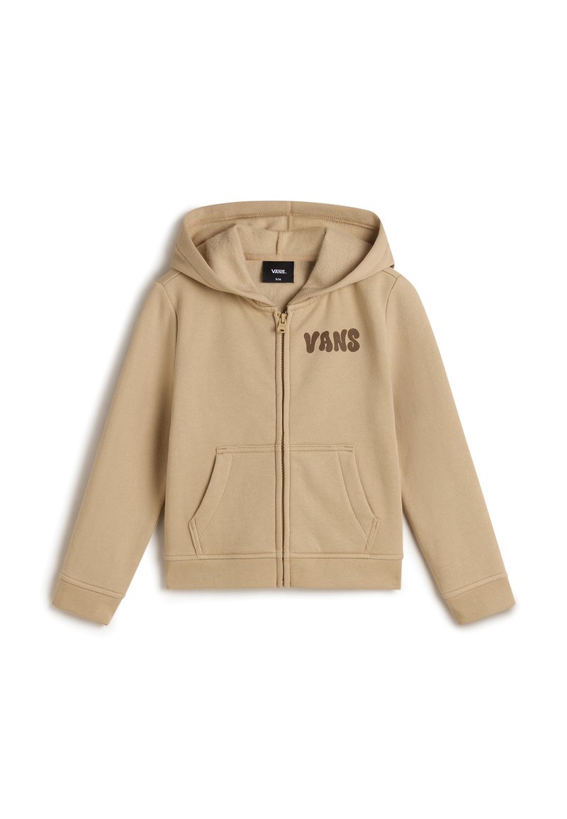 Beige huvtröja med dragkedja framtill, två framfickor och en mörkbrun "VANS"-logotyp på vänster bröst. Blandning av bomull med en mjuk textur.