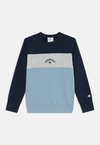 Sudadera azul y gris con cuello redondo, que presenta un diseño multicolor y el logo de "Champion" en el área del pecho. Textura suave, mangas largas.
