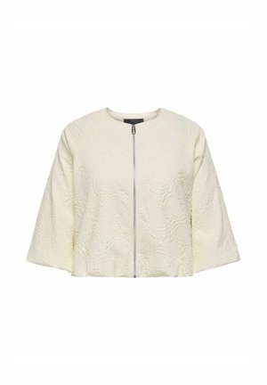 Krēmkrāsas teksturēts žakete ar platiem trīs ceturtdaļu piedurknēm un priekšējā sudraba rāvējslēdzēja aizdari, apaļa kakla izgriezuma.