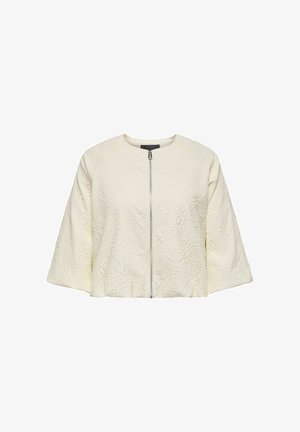 Veste crème texturée avec larges manches trois-quarts et fermeture éclair argentée à l'avant, col rond.