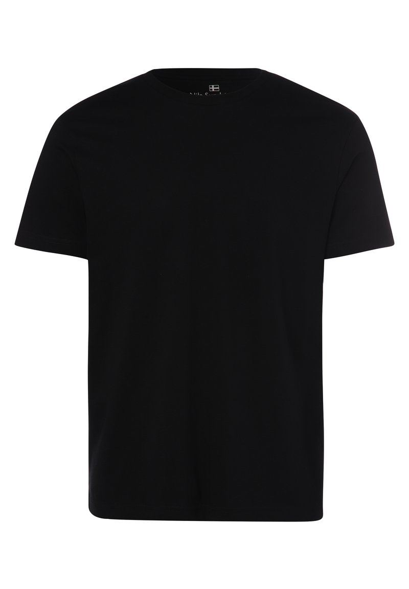 Schwarzes kurzärmliges T-Shirt aus Baumwolle. Einfacher, runder Halsausschnitt mit glatter Textur und ohne sichtbare Muster oder Grafiken.