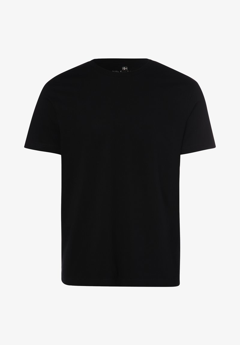 Schwarzes kurzärmliges T-Shirt aus Baumwolle. Einfacher, runder Halsausschnitt mit glatter Textur und ohne sichtbare Muster oder Grafiken.