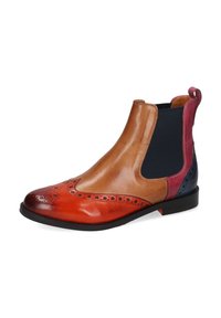 Botín Chelsea de cuero marrón con un diseño degradado y acentos rojos y azules, detalles perforados y un acabado texturizado.