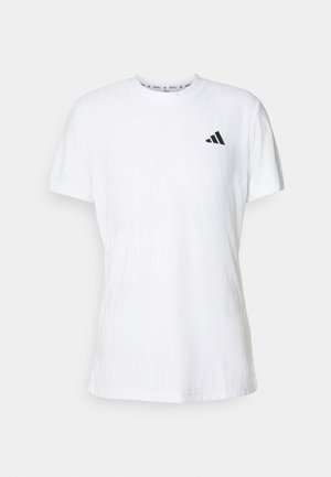 White cotton t-shirt with short sleeves, featuring a textured finish and a black three-stripe logo on the left chest. Crew neckline.