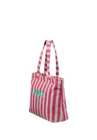 Bolso tote con rayas verticales en rosa y beige, con dos asas, y texto "ROXY" en turquesa junto a un logo de corazón en la parte delantera.
