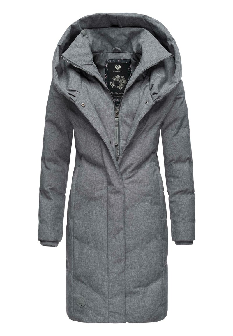 Grå pufferjakke med en stor, justerbar hætte, lynlås-lukning, mønstret foring og ribbede manchetter. Har et diamantformet logo på kanten.