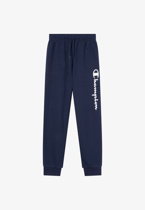 Marineblaue Jogginghose aus Baumwollmischung; verfügt über einen elastischen Bund und Bündchen, mit einem weißen "Champion"-Logo auf dem Bein gedruckt.