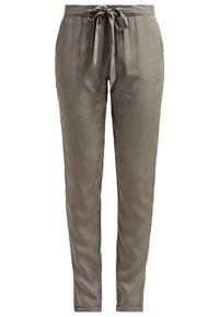 Pantalon slim taupe avec ceinture nouée à la taille, taille élastique et jambes fuselées.