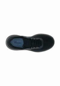 Black athletic shoe with a mesh upper, round toe, and lace-up closure. Features an Air Memory Foam insole for comfort.