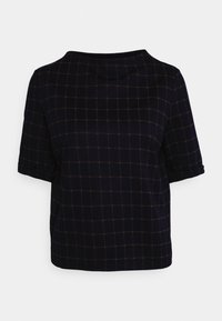Top corto blu scuro a maniche corte con motivo a griglia arancione e bianco, colletto rotondo e vestibilità ampia. Tessuto morbido e texturizzato.