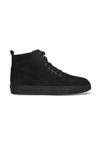 Zwarte hoge sneakers van suede met veters en een geprofileerde rubberen zool met een subtiel zigzagpatroon.