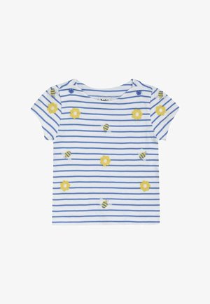 Dryžuotas medvilnės marškinėlis su geltonomis ir mėlynomis gėlėmis bei bitėmis. Trumpomis rankovėmis, apvaliu kaklu ir mygtukų detale kairiajame petyje.