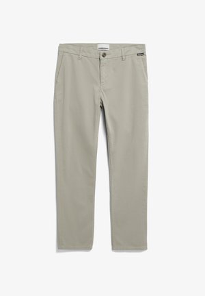 Beige Baumwollhosen, gerade Beinform, Frontknopfverschluss, Seitentaschen, dezente Steppdetails, glatte Textur.