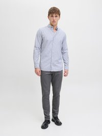 Srajca na gumb z modrimi in belimi črtami, dolgi rokavi in ovratnikom. V kombinaciji s sivo oprijetimi hlačami in črnimi čevlji na vezalke.