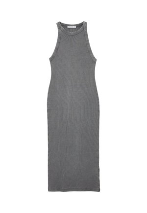 Robe midi ajustée sans manches de couleur gris charbon, avec un col haut et une fente discrète sur le côté, étalée à plat sur un fond blanc.