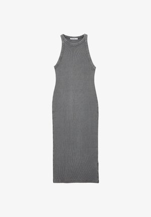 Robe midi ajustée sans manches de couleur gris charbon, avec un col haut et une fente discrète sur le côté, étalée à plat sur un fond blanc.