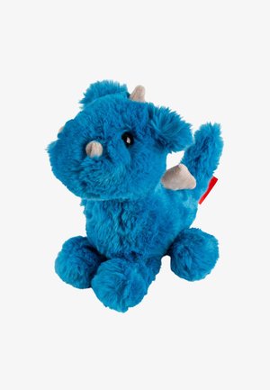 Dinosauro di peluche blu con pelliccia morbida e strutturata, piccoli corni grigi e piedi rotondi. Presenta occhi neri e una coda soffice. Etichetta rossa attaccata.