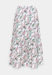 Biała spódnica z falbanami ułożonymi w warstwy, ozdobiona wzorem różowego kakadu i zielonych liści. Wykonana z lekkiego materiału, z elastycznym pasem.