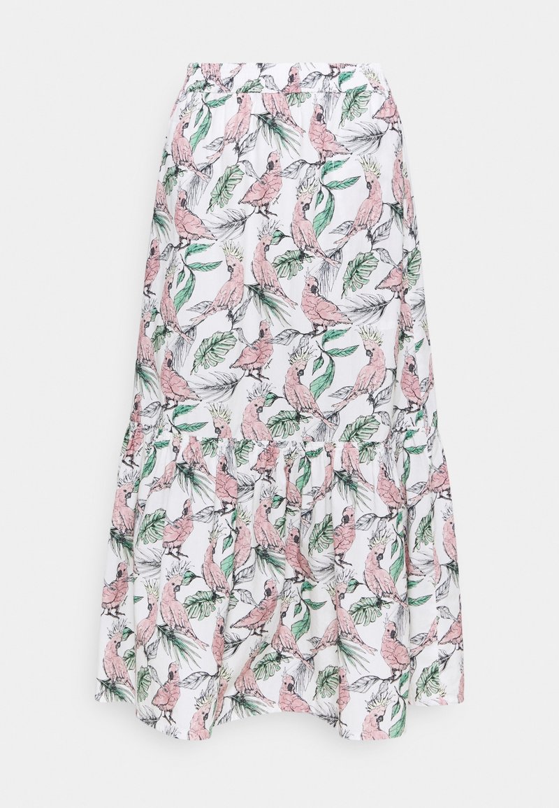 Biała spódnica z falbanami ułożonymi w warstwy, ozdobiona wzorem różowego kakadu i zielonych liści. Wykonana z lekkiego materiału, z elastycznym pasem.