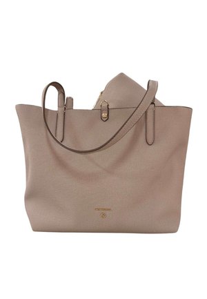 Borsa tote in pelle marrone chiaro con lunghe tracolle, piccola pochette abbinata all’interno e dettagli del logo e delle parti metalliche dorati.