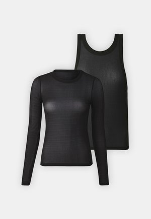 Black long-sleeve shirt and sleeveless tank top set. Both feature smooth texture and rounded necklines, with a fitted silhouette.