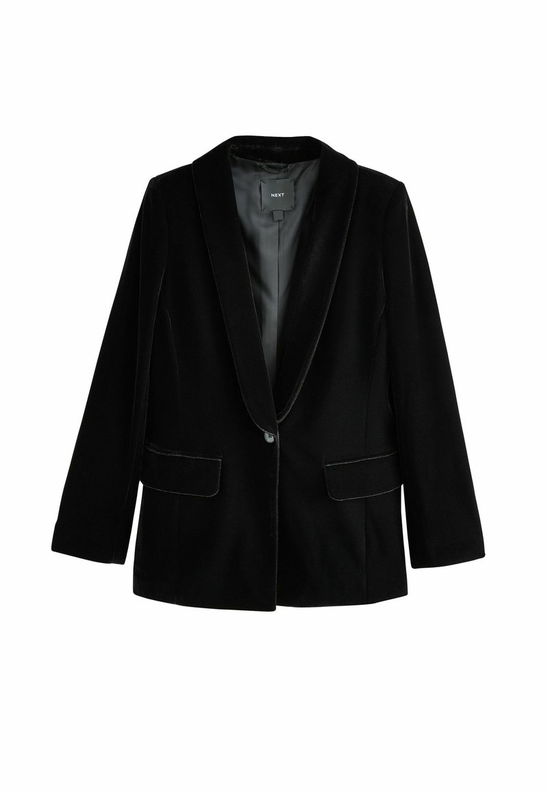 Blazer in velluto nero con bavero a punta, chiusura a un bottone e due tasche frontali. Texture morbida e forma su misura.