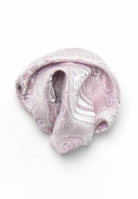 Purple silk scrunchie with a paisley pattern, featuring a smooth texture and gathered design, resembling a twisted fabric loop.