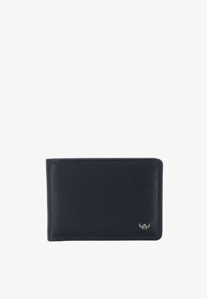 Schwarze Leder-Bifold-Geldbörse mit genähten Kanten und kleinem silbernem Logoemblem unten rechts, geschlossen vor weißem Hintergrund gezeigt.