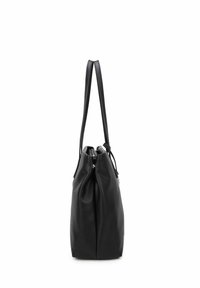 Schwarze Leder-Tote mit zwei langen Tragen, weicher Textur, gerafftem oberen Verschluss und minimalistischem Design. Keine sichtbaren Beschläge oder Akzente.