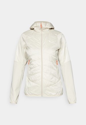 Helle beige isolierte Jacke mit Kapuze, die mit einem gesteppte Muster, orangefarbener Reißverschlusszüge und elastischen Bündchen für Komfort und Flexibilität ausgestattet ist.