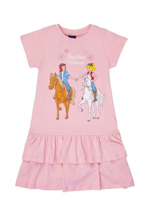 Pink short-sleeve dress with ruffled hem, featuring two children on horses holding hands with "Together Forever" text and floral accents above.