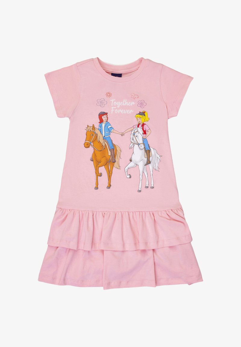 Abito rosa maniche corte con orlo arricciato, che raffigura due bambini su cavalli che si tengono per mano con la scritta "Insieme per sempre" e accenti floreali sopra.