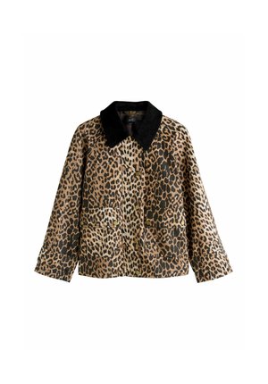 Veste à imprimé léopard avec un col en velours côtelé noir, des boutons-pression à l'avant, deux poches et une coupe décontractée à manches longues.