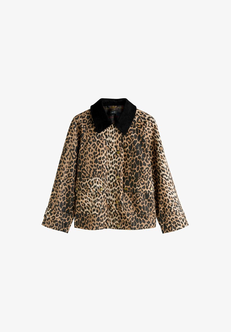 Leopardimustriga jakk, millel on must sametkrae, ees turvakinnitusega lukk, kaks taskut ning pikkade varrukatega lõdva istuvusega mudel.