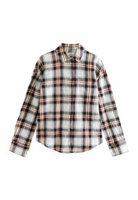 Geruite shirt in wit, marineblauw en verbrande sinaasappel, gemaakt van lichte stof. Heeft een knoopsluiting aan de voorkant en lange mouwen met manchetten.